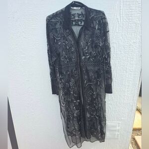 Zara Black Sheer Embroidered Floral Longline Duster Kimono